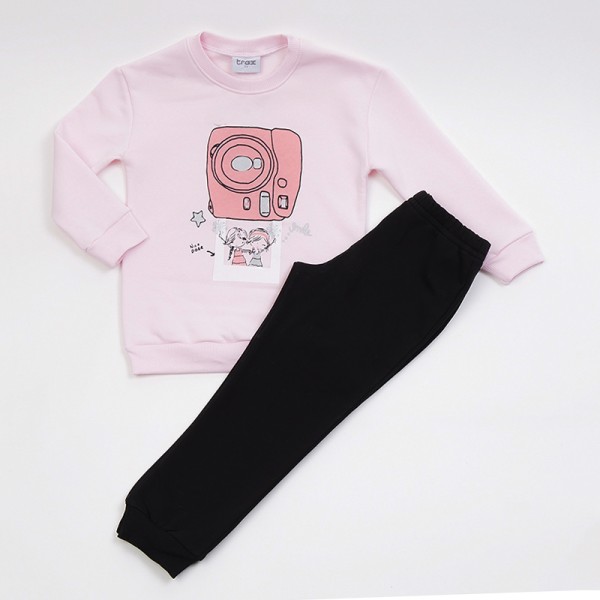 Σετ φούτερ παντελόνι - μπλούζα μακρυμάνικη με στάμπα, ροζ κουφετί - μαύρο
